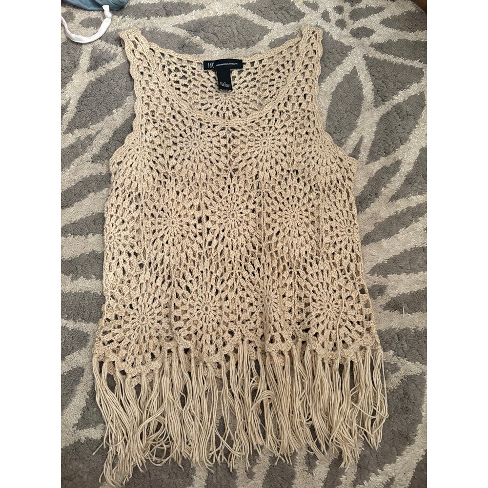 Tan INC Crochet Fringe Beachy Tankt Top Cover Up